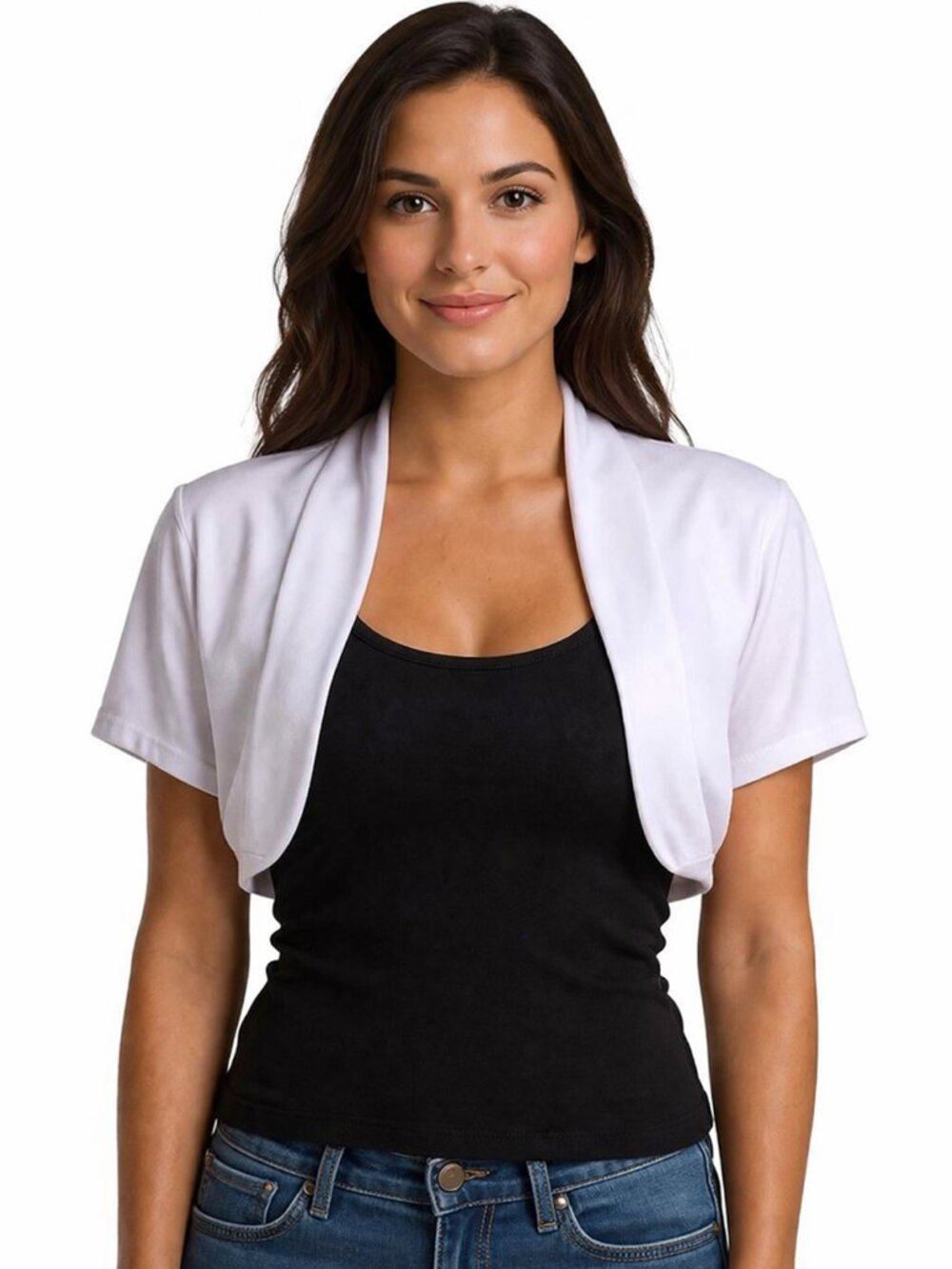 White Fitted Bolero Shrug Cropped Jacket Top w Open Front Sz Small B34 - Hey Viv